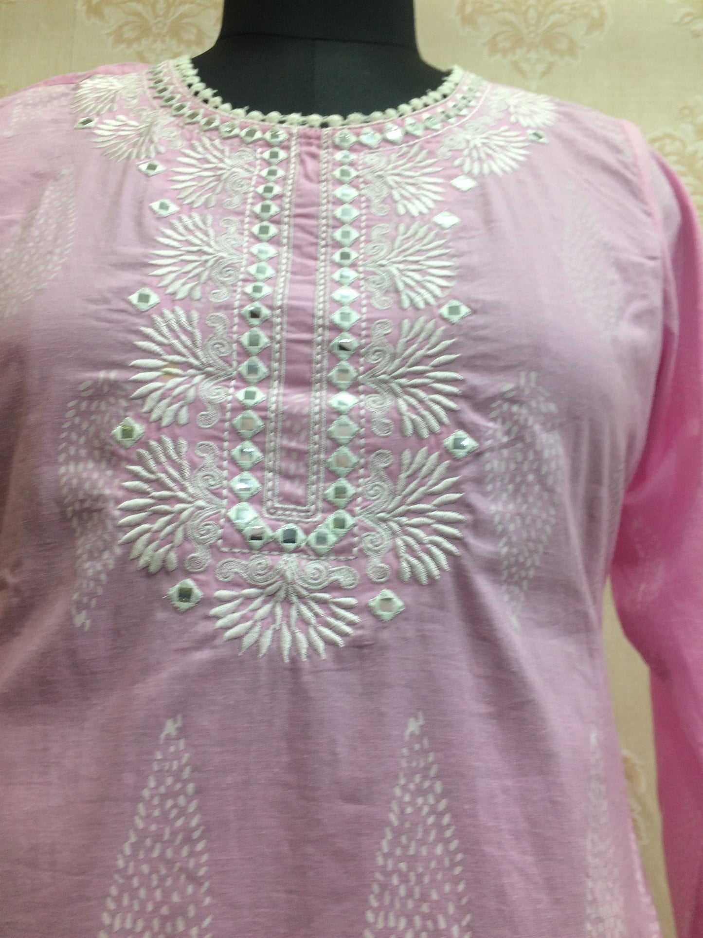Charming Pink Cotton Kurti with White Mirror Work