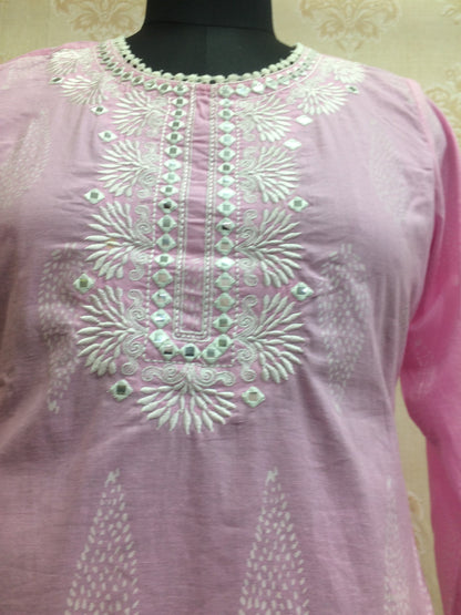 Charming Pink Cotton Kurti with White Mirror Work
