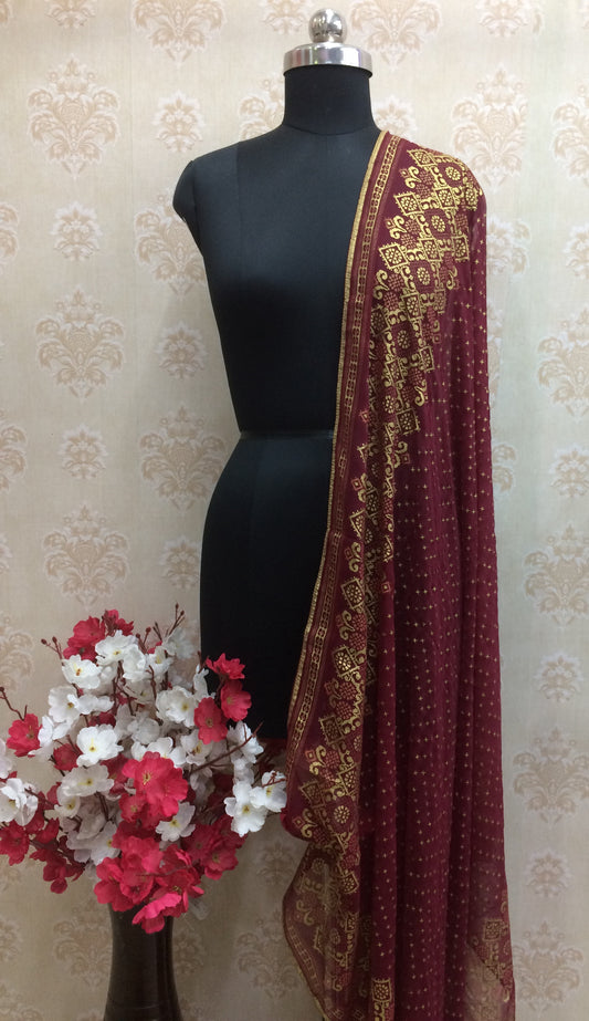 Maroon Gold Foil Print Dupatta with Border Design