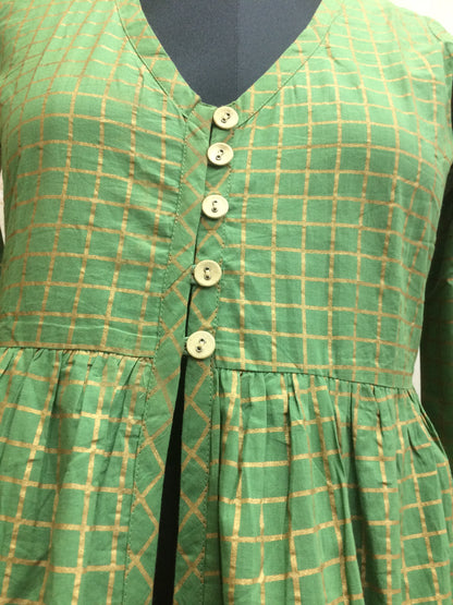 Elegant Green Front-Slit Anarkali Style Kurti with Gold Check Print