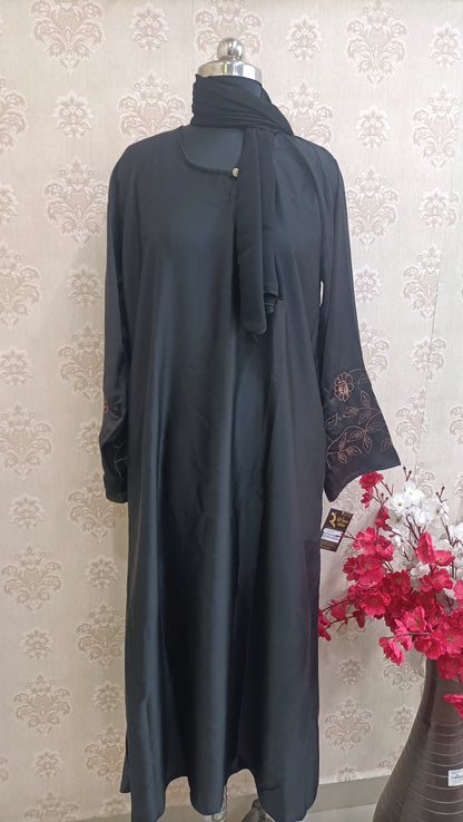 Midnight Silk-Mix Indian Fabric Abaya – Floral Sleeve Embroidery (51")