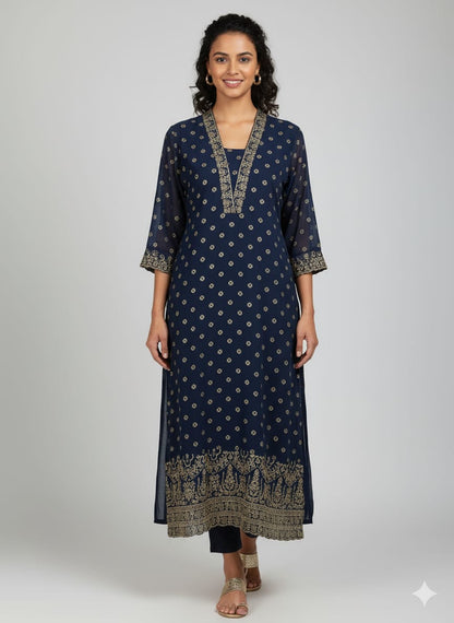 Navy Blue Georgette Kurti with Attached Inner