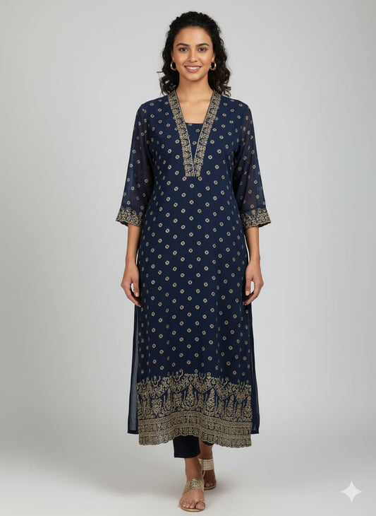 Navy Blue Georgette Kurti with Attached Inner