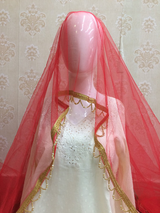 Red Dupatta with Golden Lace