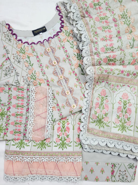 Sidra Pastel Floral Lace-Trim Lawn 3-Piece Suit