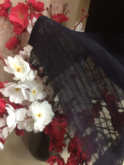 Classic Navy Blue Cotton Dupatta with Subtle Check Weave and Fringe