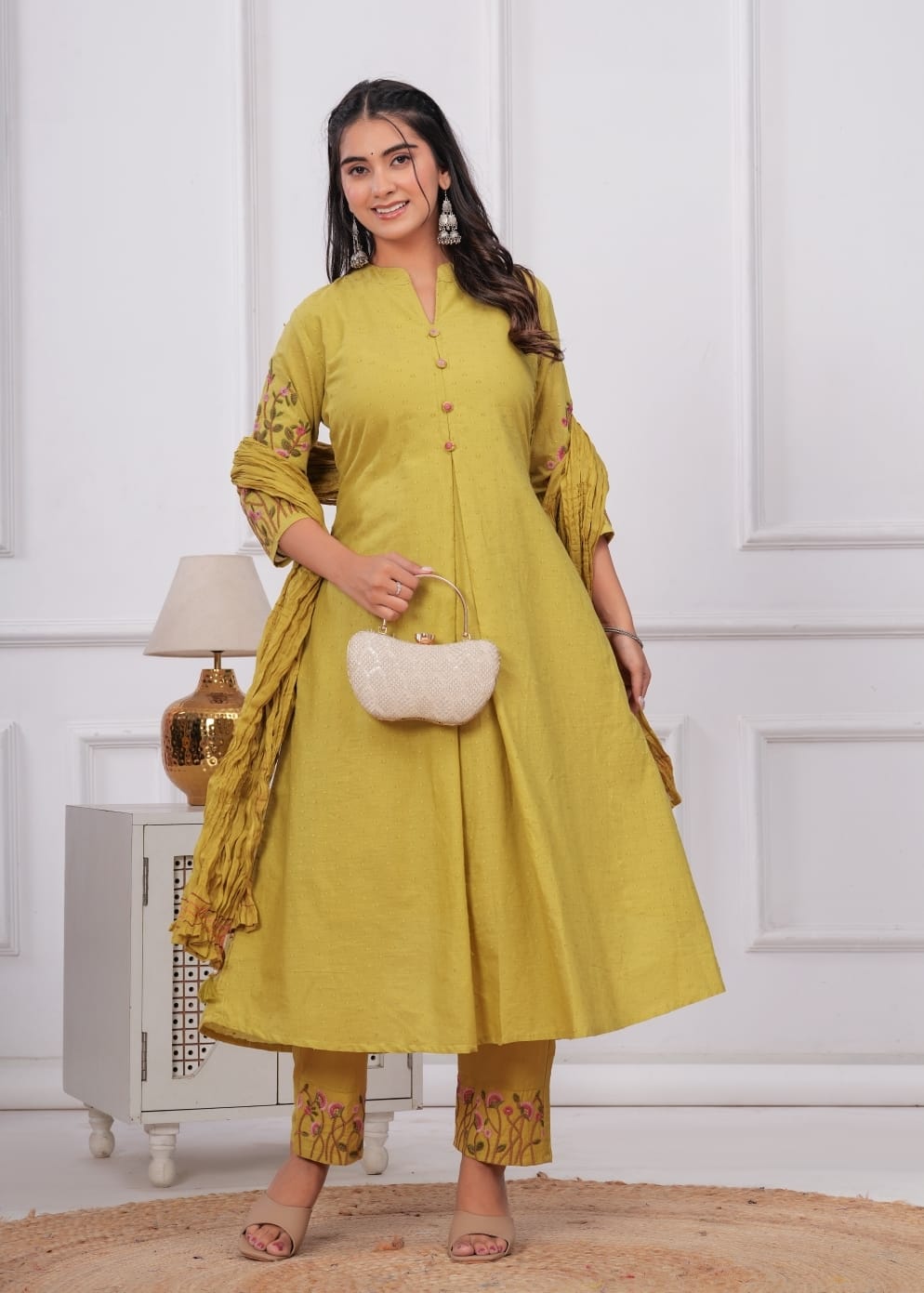 Roohina Lime Green A-Line Embroidered Suit Set