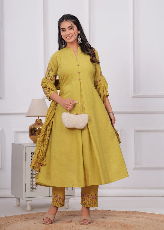 Roohina Lime Green A-Line Embroidered Suit Set