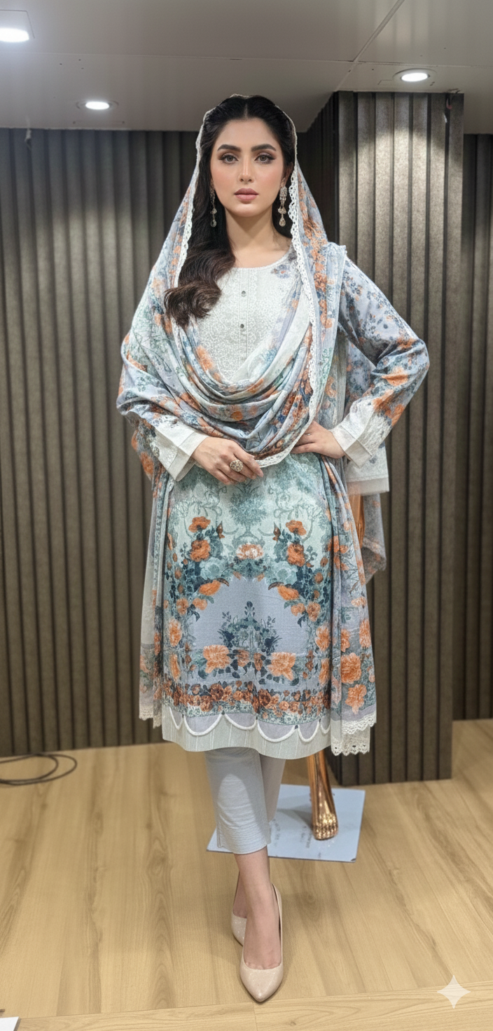 Elegant Floral Printed Digital Lawn Suit with Embroidered Details