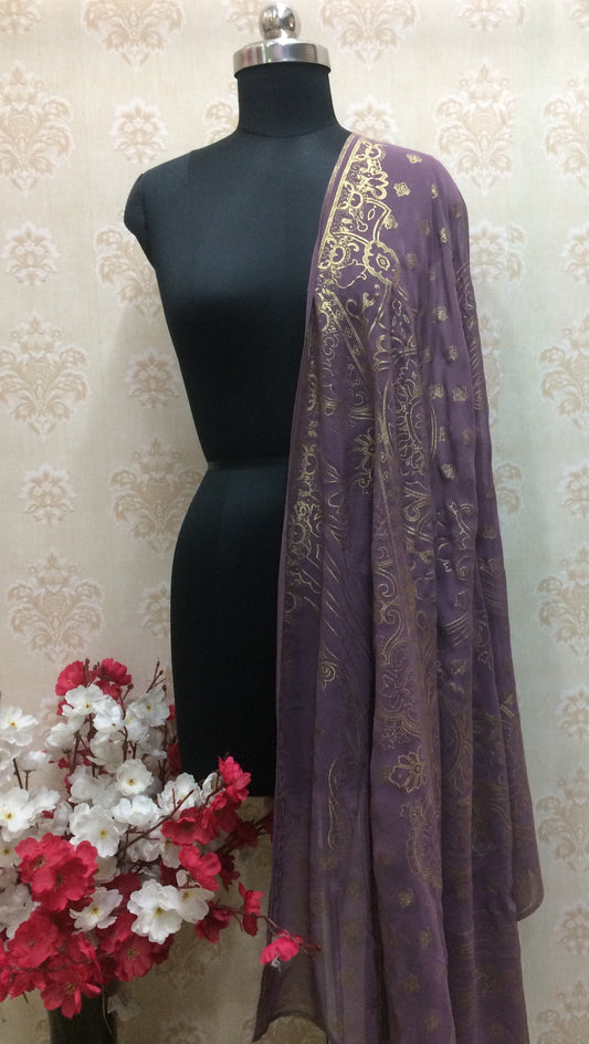 Royal Plum Chiffon Dupatta with Intricate Gold Foil Print