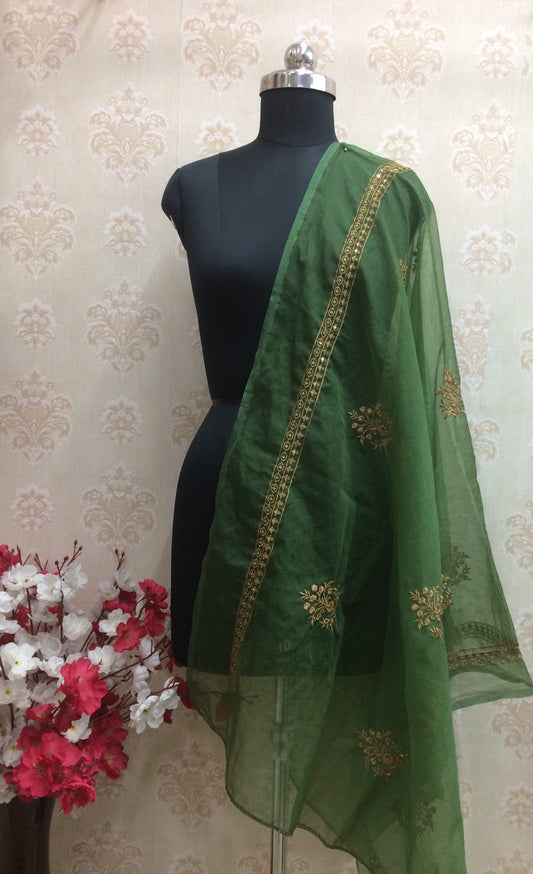 Bottle Green Organza Dupatta with Intricate Gold Zari Embroidery