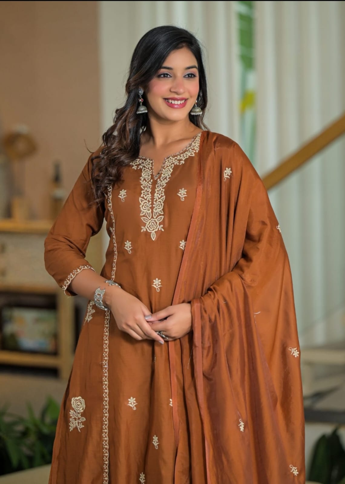 Rust orange embroidered cotton kurta set with dupatta