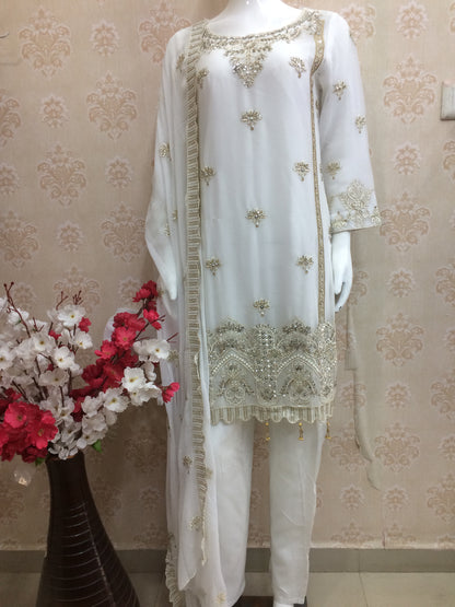 Elegant White Heavily Embroidered Chiffon Pakistani dress