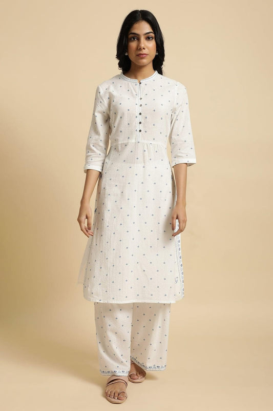 White & Blue Polka Print Cotton Kurta Set with Palazzo Pants