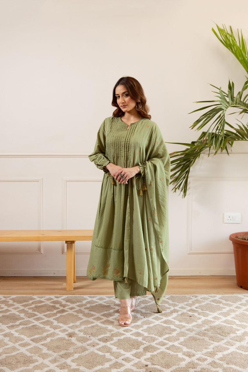 Olive Green Embroidered Cotton Anarkali Suit Set with Dupatta