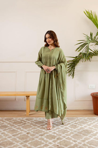 Olive Green Embroidered Cotton Anarkali Suit Set with Dupatta