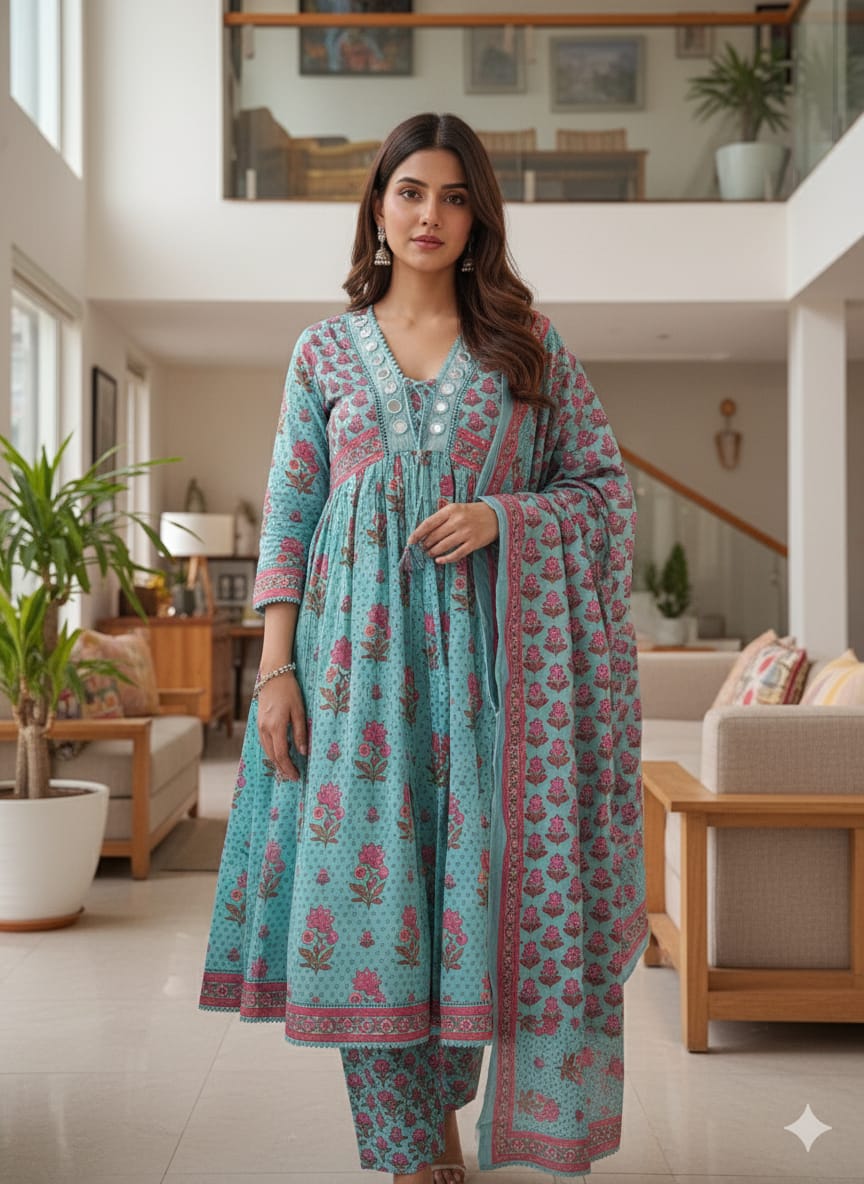 Block Print & Mirror Work Cotton Suit Set
