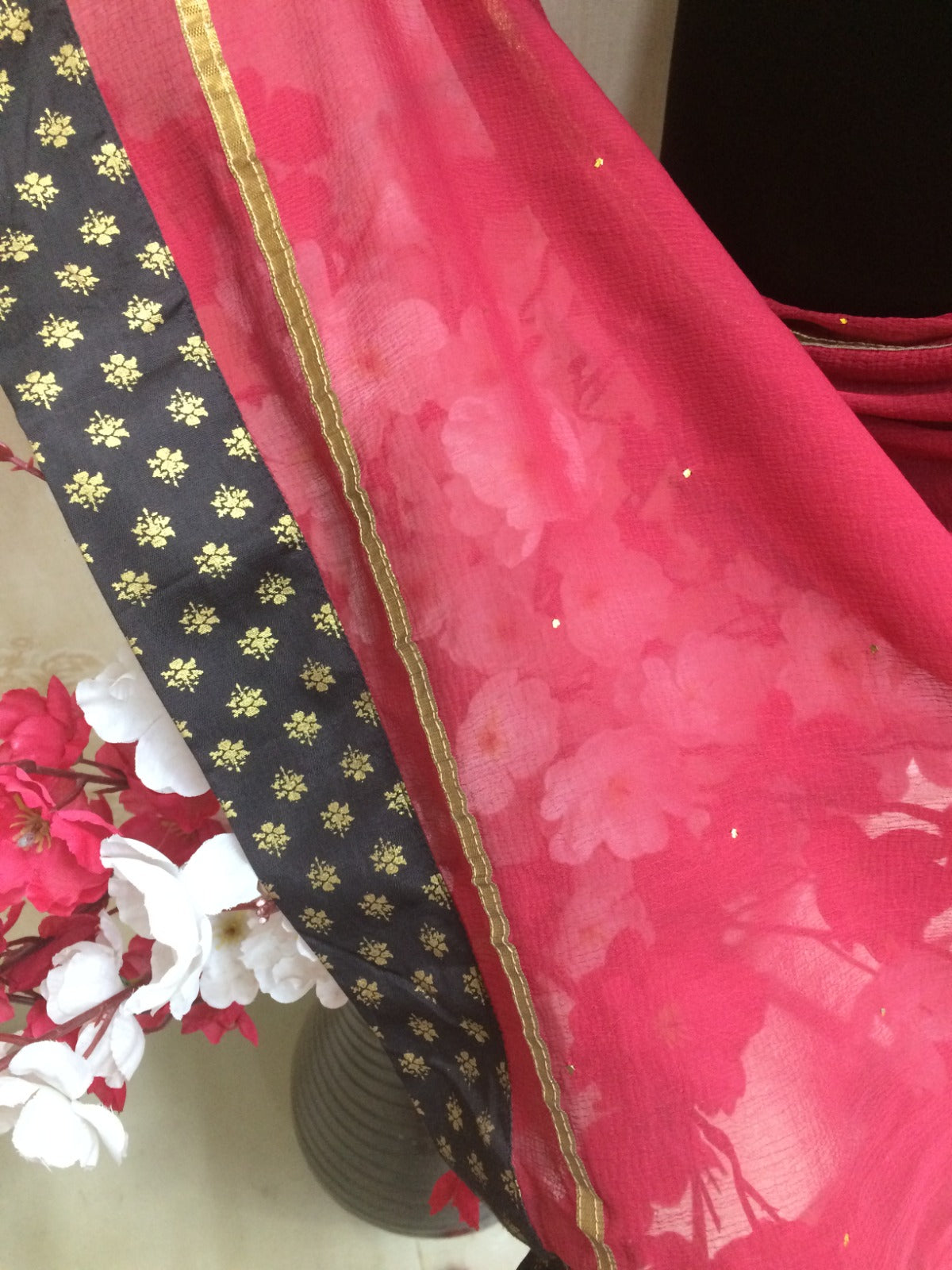 Deep Maroon Chiffon Dupatta with Gold Piping Border