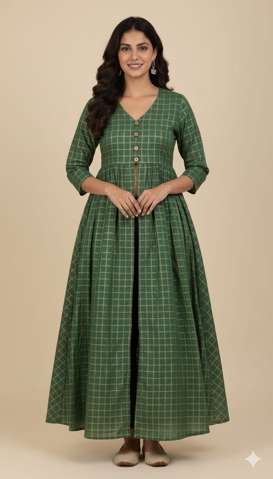 Elegant Green Front-Slit Anarkali Style Kurti with Gold Check Print