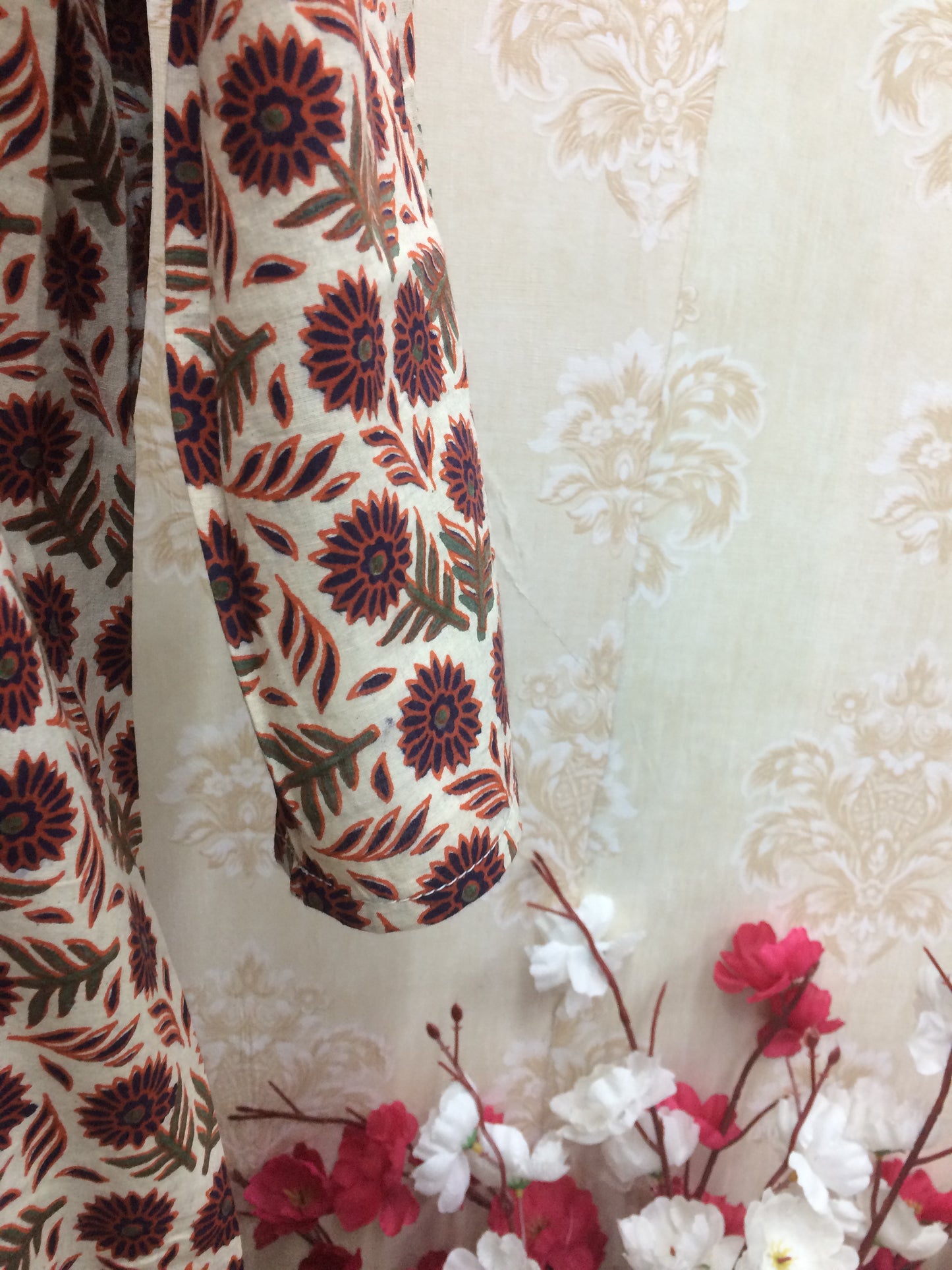 Maroon & Olive Floral Printed Cotton Kurti