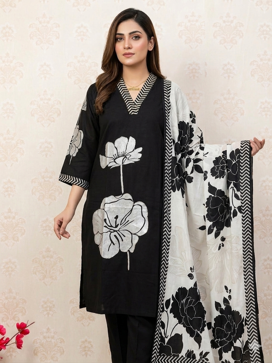 Fiza Black And White Floral Dupatta