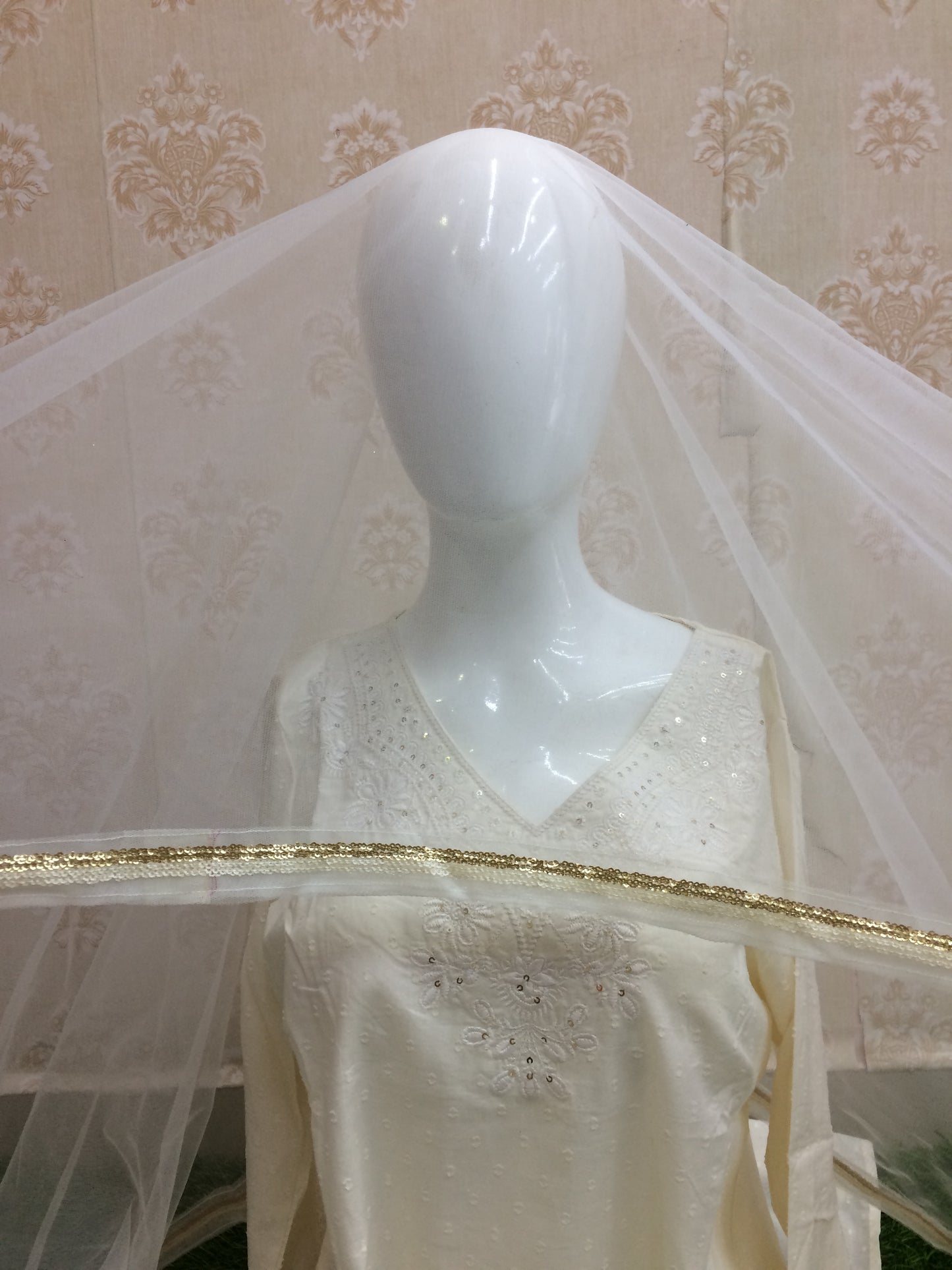 White Dupatta with Golden Lace