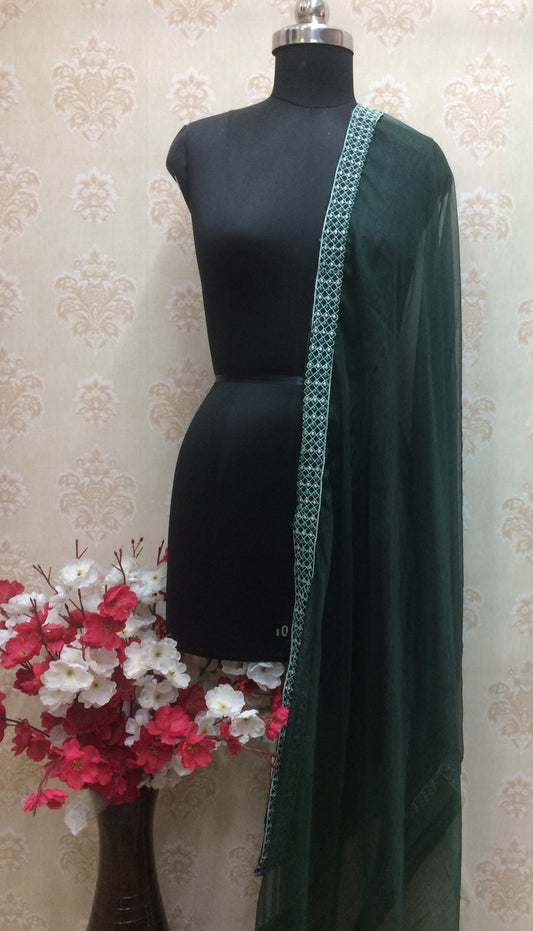 Elegant Dark Green Organza Dupatta with embroidered border