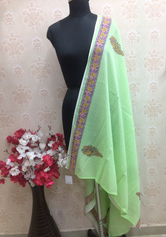 Pista Green Cotton Dupatta with Traditional Block Print Border