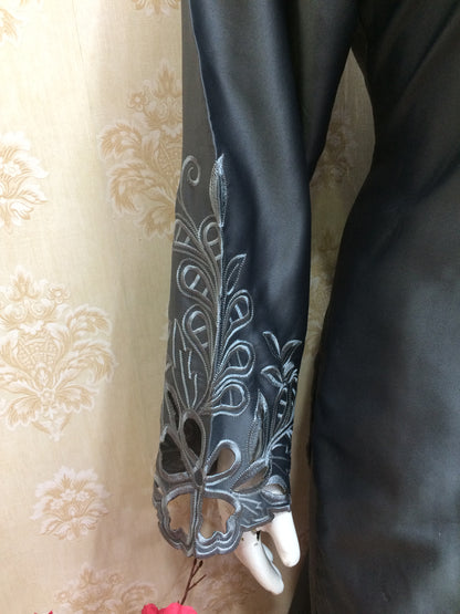 Grey and navy blue Cutwork Embroidered Silk Kurta Set with Organza Dupatta