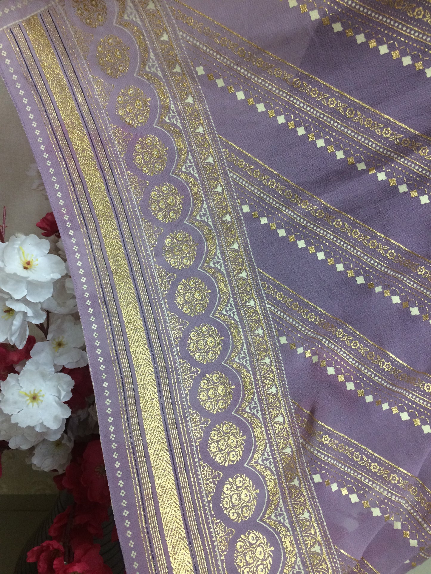 Elegant Lavender Chiffon Dupatta with Traditional Gold Foil Print