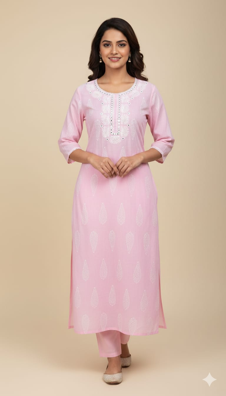 Charming Pink Cotton Kurti with White Mirror Work