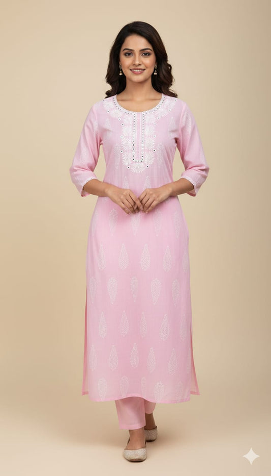 Charming Pink Cotton Kurti with White Mirror Work