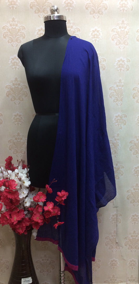 Cotton navy blue plain dupatta with dark pink border