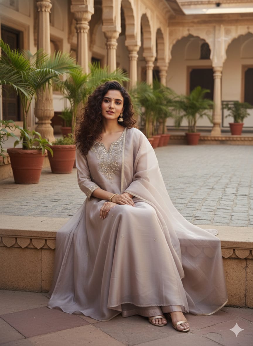 Zhanna Ethereal Mauve Hand-Embroidered Organza Anarkali Set