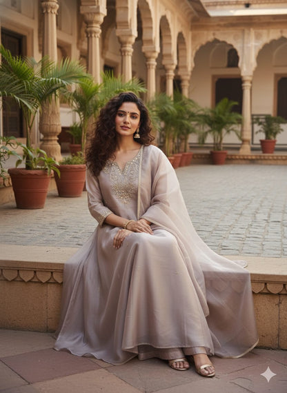Zhanna Ethereal Mauve Hand-Embroidered Organza Anarkali Set