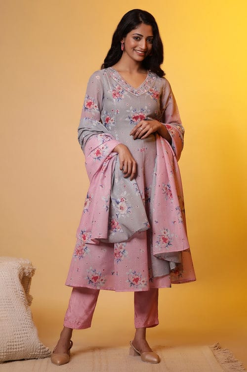Shahin Grey & Pink Anarkali Suit Set