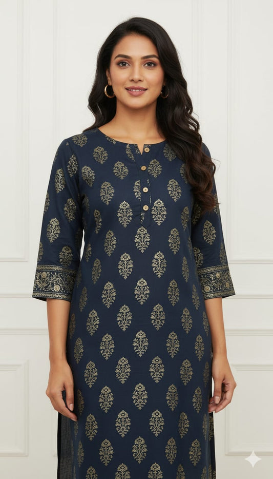 Navy Blue Gold Foil Print Kurti