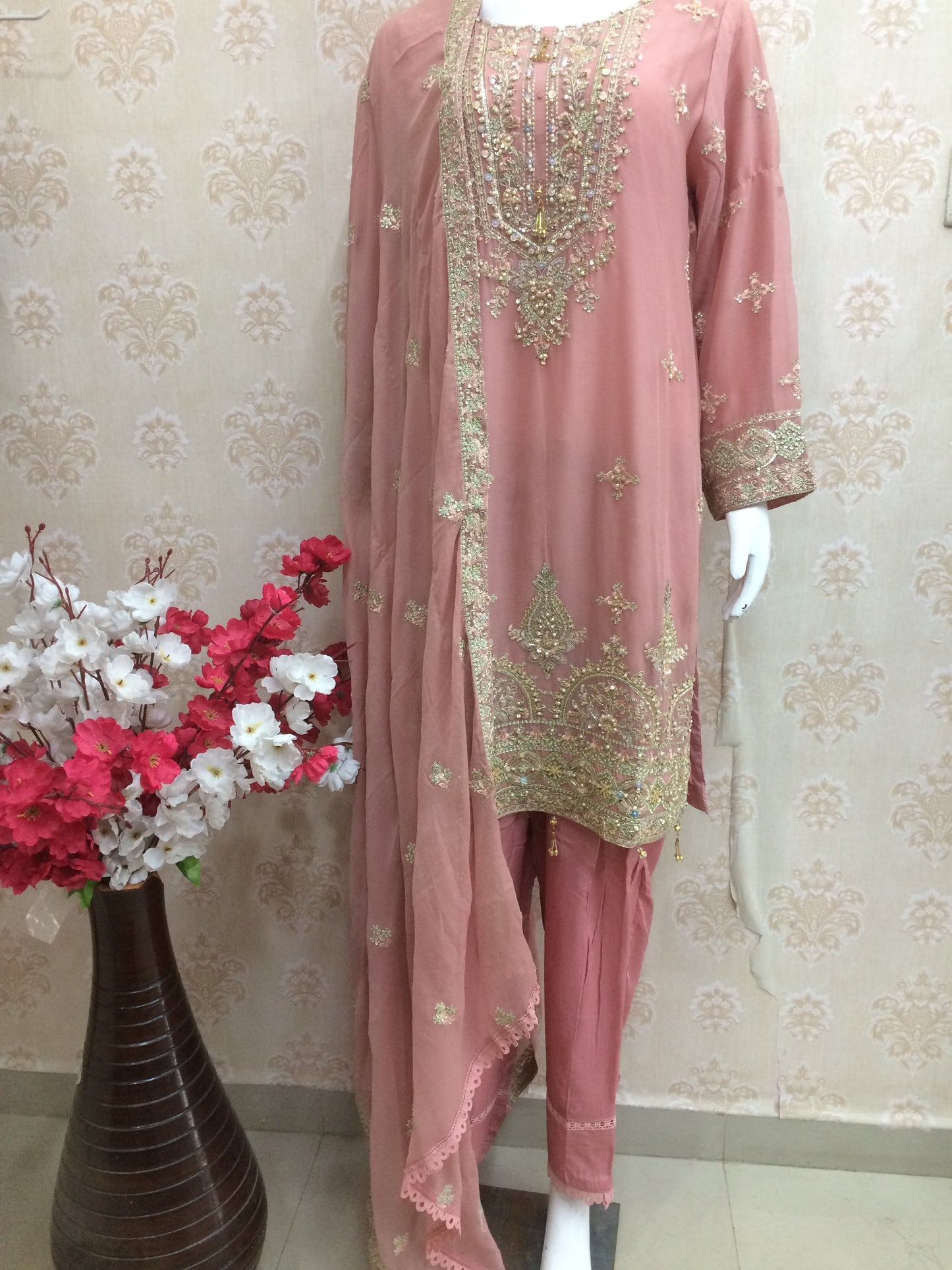 Luxury Dusty Rose Pink Embroidered Chiffon Salwar Kameez Suit - Heavy Zari Work Ready to Wear Pakistani