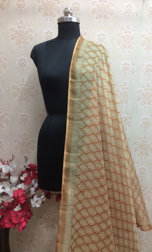 Mustard Tan Geometric Print Chiffon Dupatta with Woven Zari Border