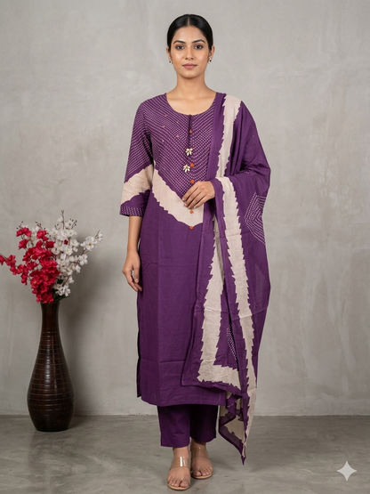 Purple Bandhani Print Cotton Kurta Set with Dupatta