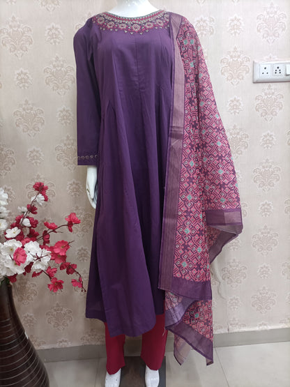 Heidi Elegant Aubergine Anarkali Suit with Woven Dupatta