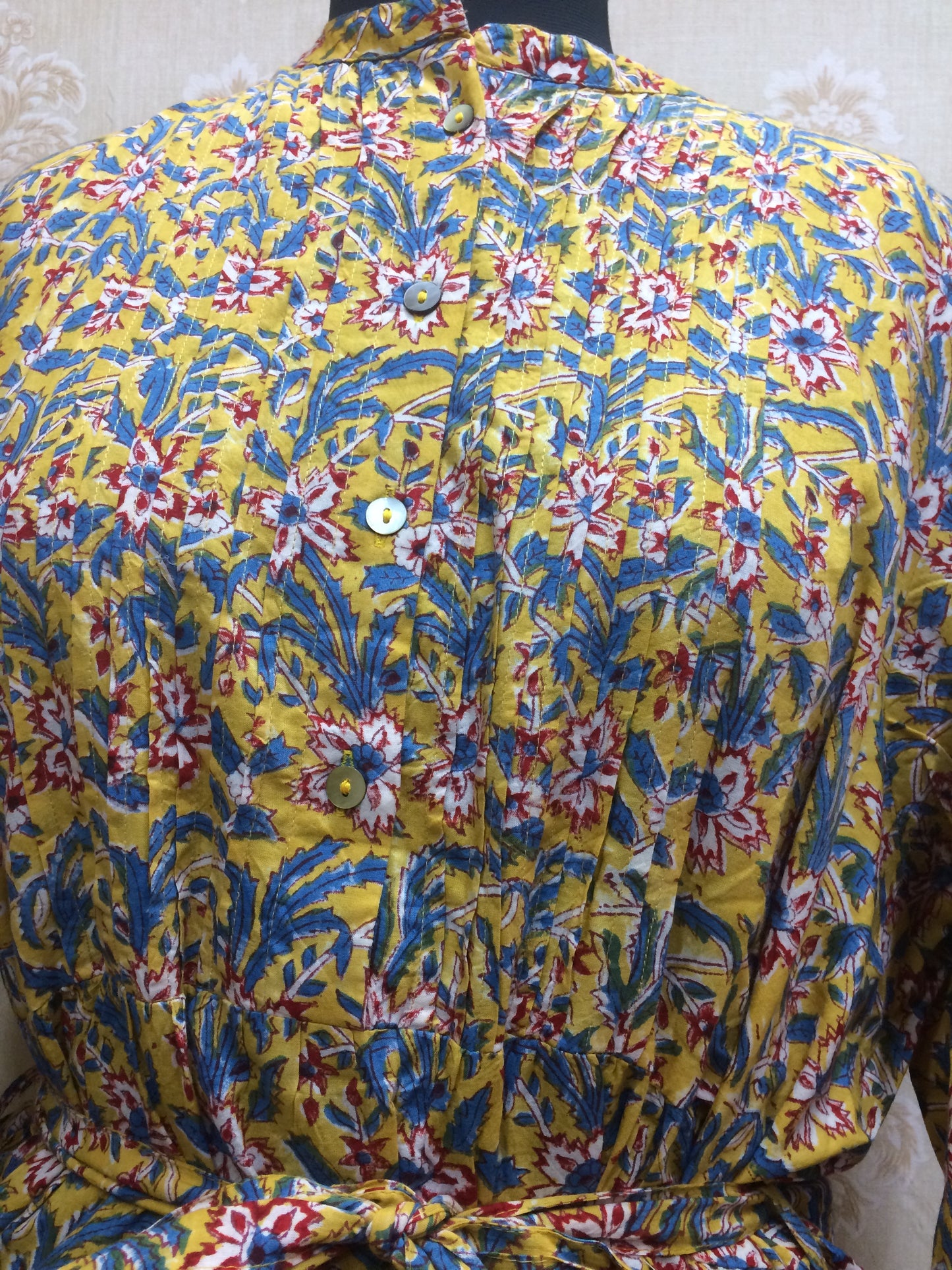Yellow & Blue Floral Printed Kurti with Tie-Up Waist