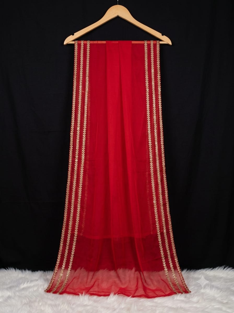 Festive Red Organza Dupatta with Heavy Gold Embroidered Border