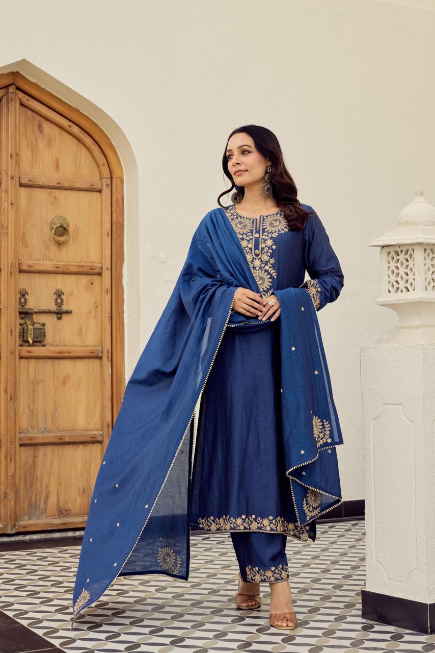 Nuzzat Prussian Blue Embroidered Suit Set