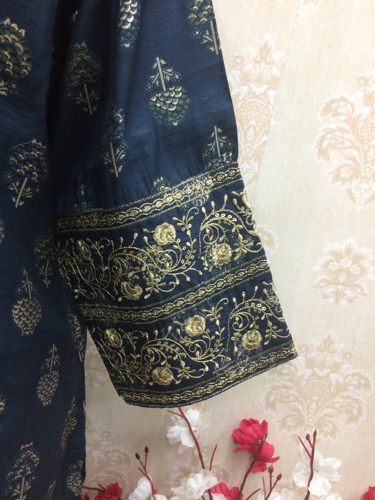 Navy Blue Gold Foil Print Kurti