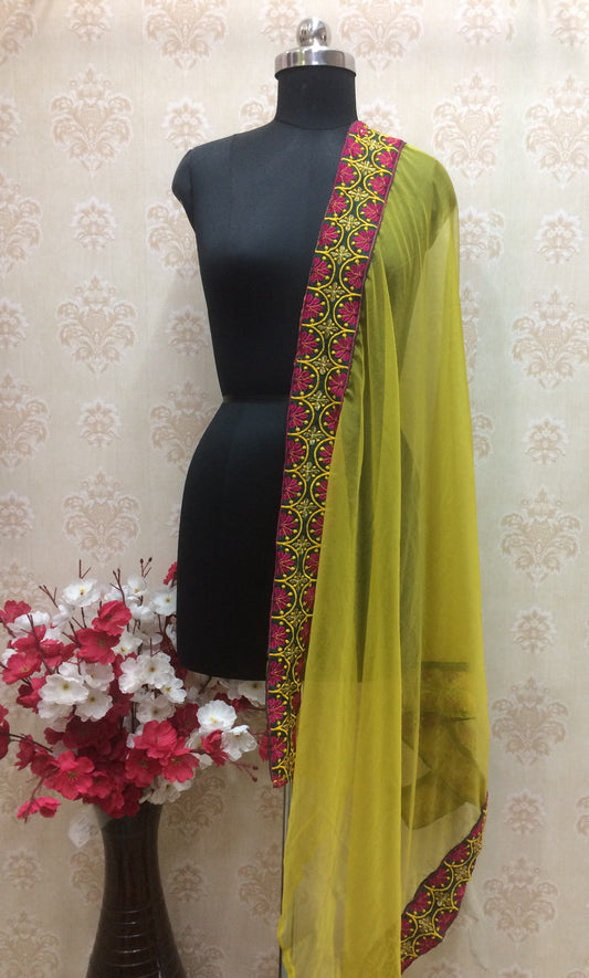 Lime Yellow Chiffon Dupatta with heavy embroidery border