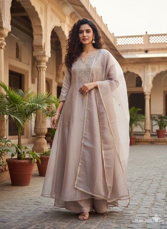 Zhanna Ethereal Mauve Hand-Embroidered Organza Anarkali Set