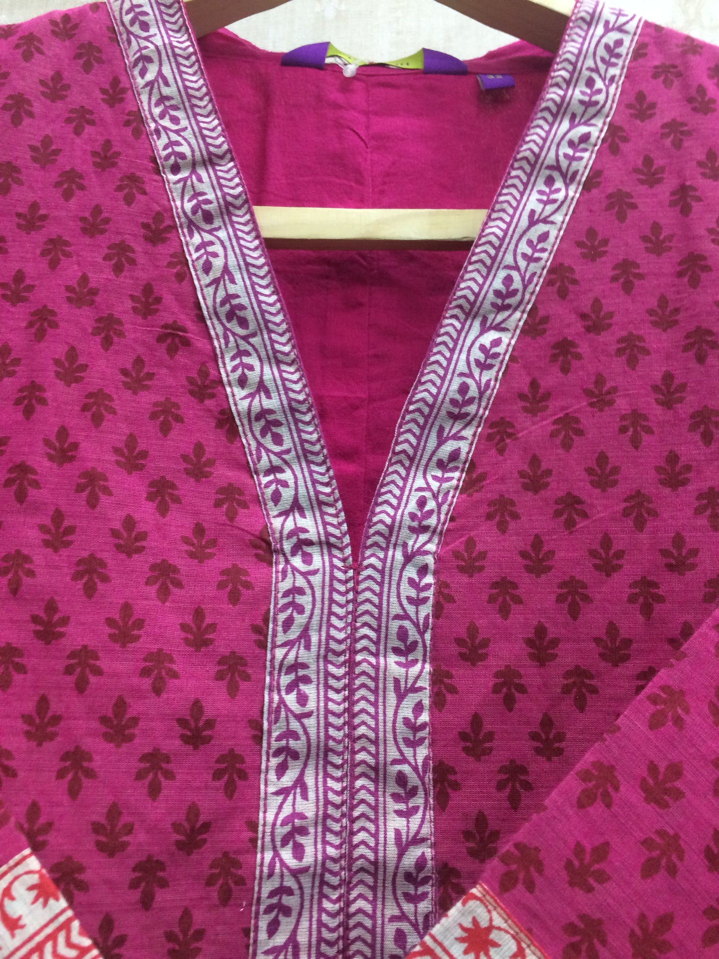 Rani Pink All-Over Block Print Cotton Kurta with Contrast Border