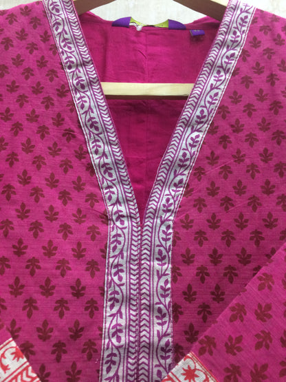 Rani Pink All-Over Block Print Cotton Kurta with Contrast Border