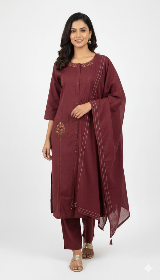 Mauve Floral Embroidered Kurta pent Set